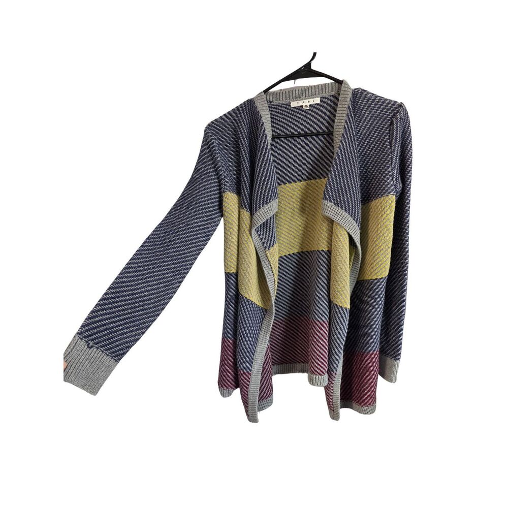 Cabi Colorblock Draped Blanket Cardigan 467 Chevron Knit Grey Yellow S